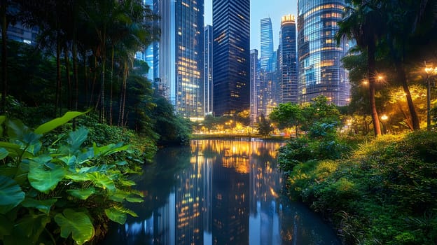 A serene urban landscape blending nature and skyscrapers at twilight.