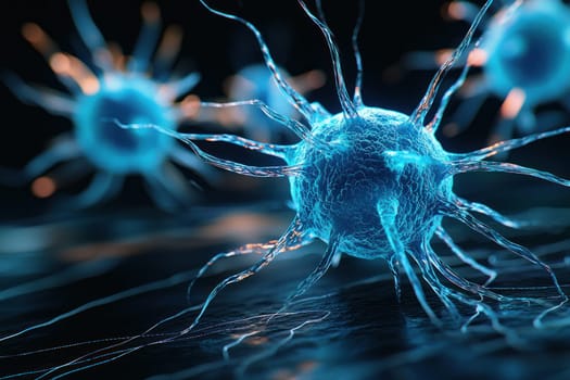 An Immune cells illuminated in electric blue, showcasing intricate details and dynamic structures