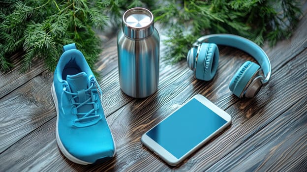A minimalist flat lay featuring blue sneaker, water bottle, headphones, and smartphone, perfect for active lifestyle