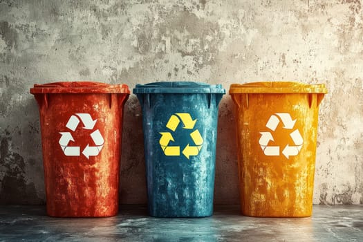 A Colorful trash bins for recycling against textured wall, promoting eco friendliness and sustainability