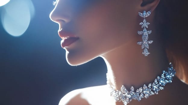 Woman wearing dazzling diamond earrings and a matching necklace, illuminated by soft, dramatic lighting, exuding luxury and sophistication idea