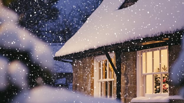 Christmas in the countryside, cottage decorated for holidays on a snowy winter evening with snow and holiday lights, English country styling inspiration