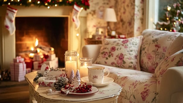 Christmas, holiday decor and country cottage style, cosy atmosphere, decorated Christmas tree in the English countryside house living room with fireplace, interior decoration idea