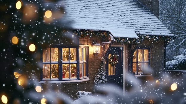 Christmas in the countryside, cottage decorated for holidays on a snowy winter evening with snow and holiday lights, English country styling inspiration