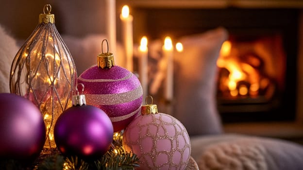 Christmas, holiday decor and country cottage style, cosy atmosphere, decorated Christmas tree in the English countryside house living room with fireplace, interior decoration idea