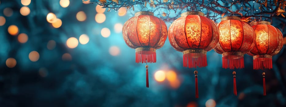 Vibrant red Chinese lanterns hanging from a tree branch, illuminated with warm bokeh lights, symbolizing celebration and festivity during cultural events like Lunar New Year.