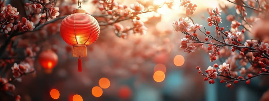 A traditional red Chinese lantern hanging elegantly on a tree branch adorned with cherry blossoms, illuminated with soft glowing background lights, representing peace and celebration.