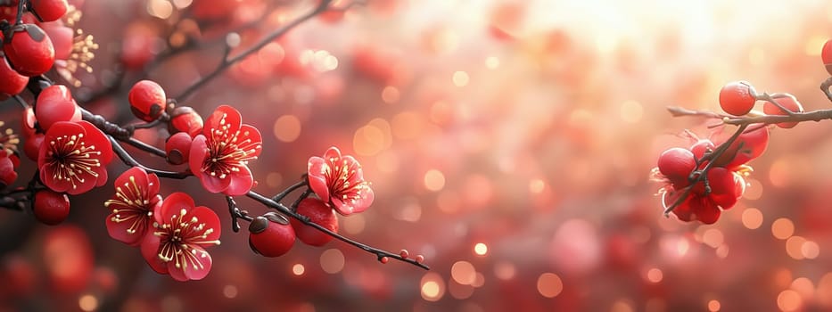 Close-up view of vibrant red cherry blossoms on delicate branches, set against a softly glowing bokeh background, symbolizing spring and renewal in a festive ambiance.