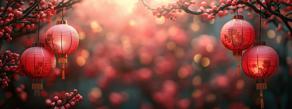 Traditional red lanterns suspended from cherry blossom branches, glowing softly amidst a festive background, symbolizing joy and cultural celebrations like Lunar New Year.