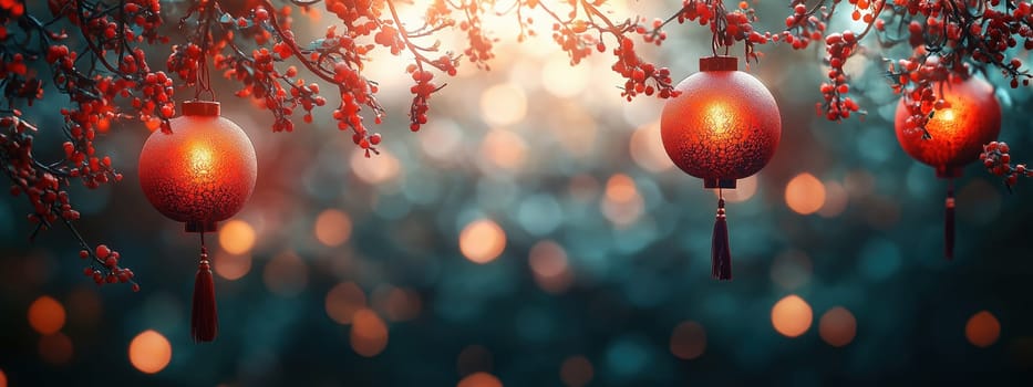 Beautiful red lanterns hanging on branches adorned with red berries, illuminated by a glowing soft background, symbolizing traditional cultural celebrations and festive joy.