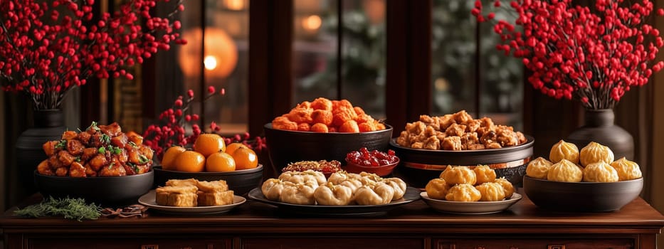 Festive table spread featuring dumplings, oranges, and various Chinese New Year dishes with red floral decorations. Tradition, celebration, and prosperity.
