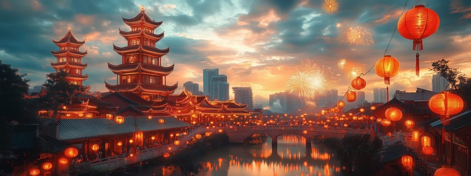 Illuminated Chinese pagoda with vibrant lanterns and fireworks during a festive sunset celebration. Traditional Chinese culture, festive celebration, and architectural beauty during holidays.