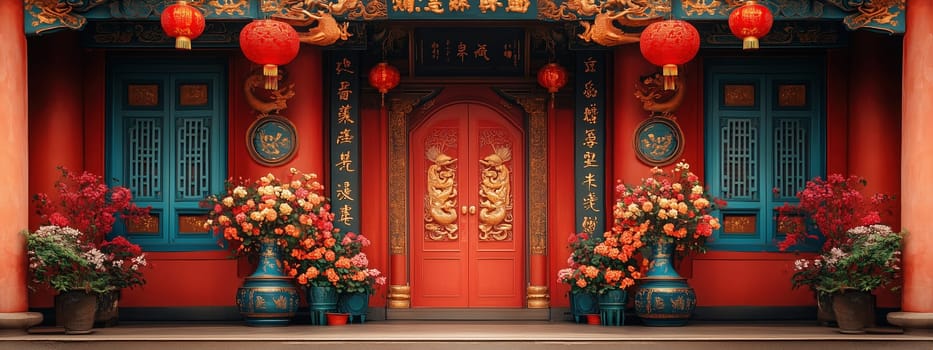 Grand entrance of a Chinese temple adorned with intricate golden details, vibrant red lanterns, and colorful floral arrangements. Traditional Chinese architecture and festive temple decor.