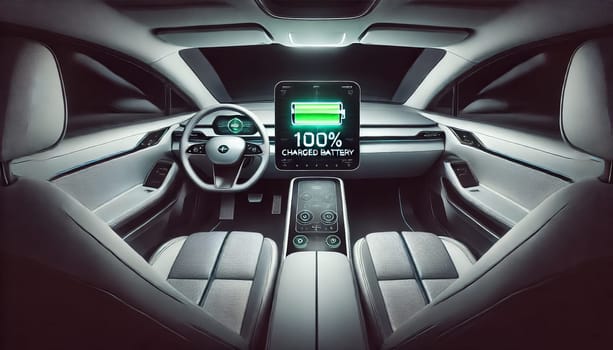 A conceptual image from the driver’s seat of an electric car, showcasing a dashboard with a glowing green 100% charged battery icon. The modern, minimalistic interior is softly illuminated, emphasizing the vehicle’s advanced technology and readiness for a journey.