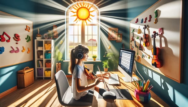 In a sunlit cozy room, a focused young girl with fair skin practices violin through an online tutorial, her violin ready by her side, signaling her dedication to mastering the instrument.
