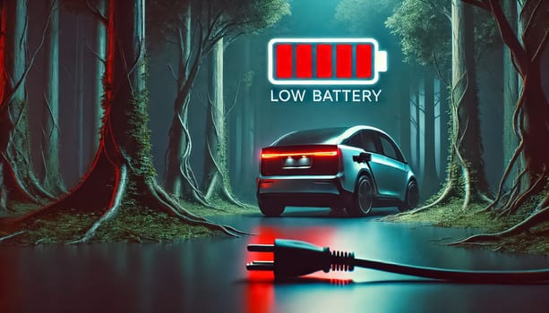 Electric car in a futuristic forest with a red low battery symbol hovering above it. The car's charging port is visible but no charging cable is shown. Dark, dense trees and an eerie, futuristic glow emphasize the urgency and isolation of being out of charge.