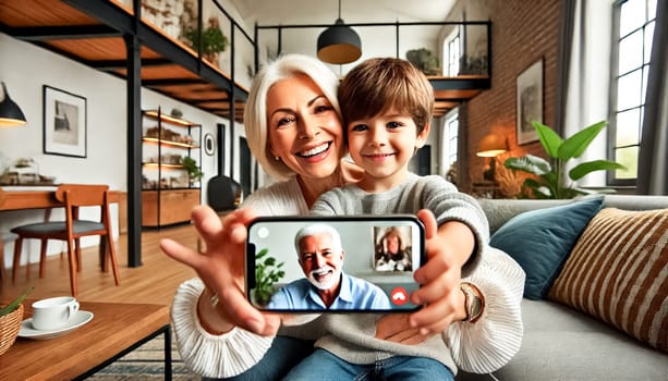 Both images showcase mothers and their three-year-old sons from diverse ethnic backgrounds, seen from behind during a video call with grandparents. The contemporary, stylish living rooms feature modern furniture and decor, enhancing the warmth and joy of their connection.