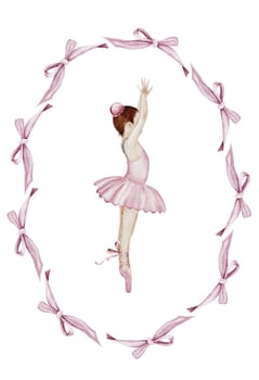 Ballerina watercolor. Hand drawn ballet incredible girl dancer in pink tutu skirt with vintage bows. Clip art on isolated white background of cute ballet beauty. Ideal for postcards and posters
