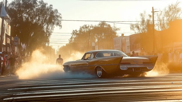 Pink muscle car revs its engine, creating smoke as a crowd cheers at an event. The vibrant sunset adds excitement to this dynamic scene of automotive passion in california's urban streets