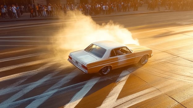 Powerful sports cars race through city streets at sunset, leaving a trail of smoke, thrilling spectators with high speed action