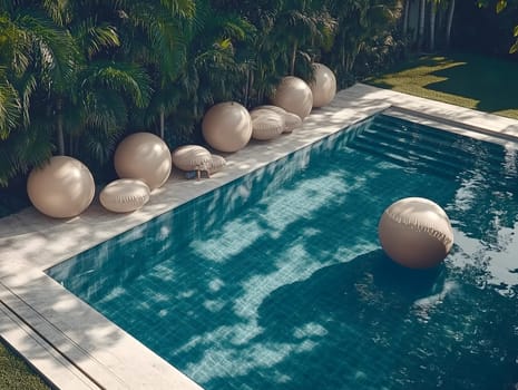 A serene outdoor swimming pool surrounded by tropical greenery, featuring beige inflatable balls and cushions placed around the poolside. The calm water reflects soft light, creating a luxurious and peaceful atmosphere.