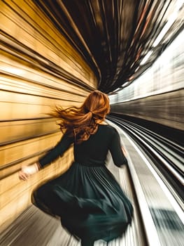 A dramatic shot of a woman with flowing red hair running through a tunnel. The motion blur and speed effect convey energy, movement, and a sense of urgency in a dynamic urban environment.