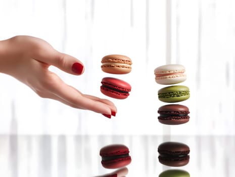 Close-up of a hand with red nails reaching toward floating colorful macarons, including red, green, brown, and beige, above a reflective surface.
