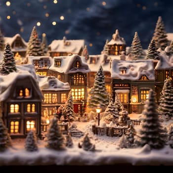 Holiday Magic in Miniature: Snow-Covered Village with Golden Lights