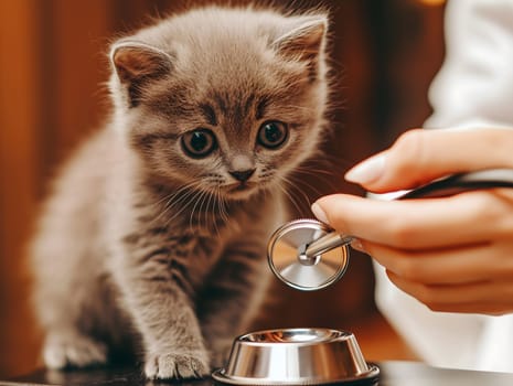 A cute gray kitten with big eyes curiously looks at a stethoscope during a veterinary checkup. The scene captures the innocence of the kitten and the care of the professional in a warm environment.