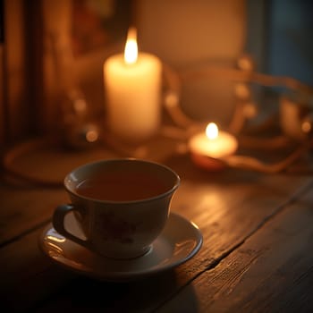 In a candle-lit room, a single tea cup rests on a wooden table, symbolizing inner warmth amidst New Year’s emptiness.