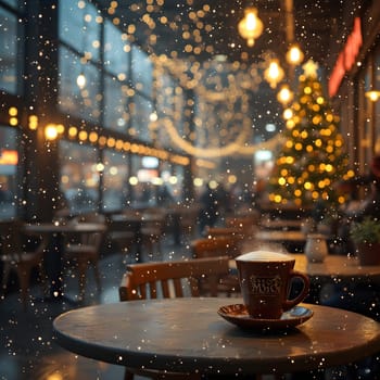 A cozy cafe bathed in soft New Year's morning light, symbolizing fresh beginnings with warm coffee and quiet serenity.