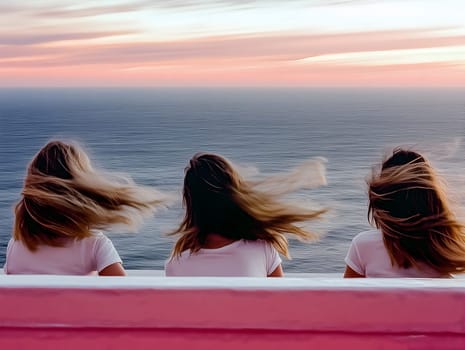 Three women with flowing hair sit together on a pink bench, facing the ocean at sunset. The calm sea and colorful sky create a serene and peaceful atmosphere, symbolizing friendship and relaxation.