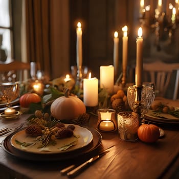 An elegantly lit New Year’s Eve dinner table adorned with candles, soft lighting, and festive decor, creating a warm, inviting atmosphere.