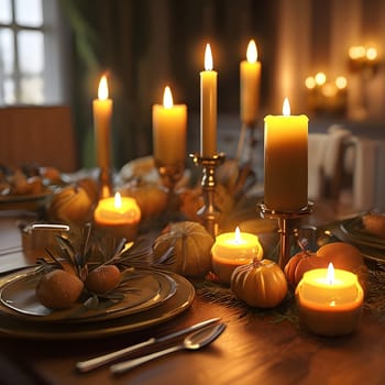 An elegantly lit New Year’s Eve dinner table adorned with candles, soft lighting, and festive decor, creating a warm, inviting atmosphere.