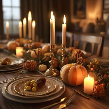 An elegantly lit New Year’s Eve dinner table adorned with candles, soft lighting, and festive decor, creating a warm, inviting atmosphere.