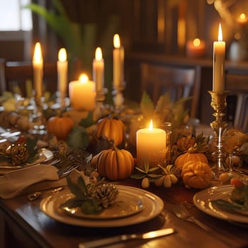 An elegantly lit New Year’s Eve dinner table adorned with candles, soft lighting, and festive decor, creating a warm, inviting atmosphere.