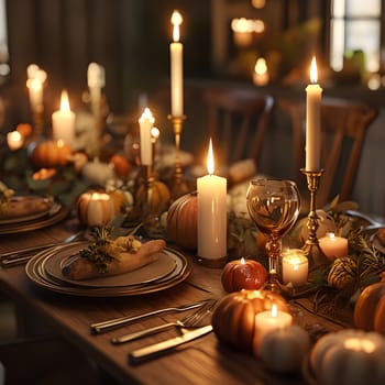 An elegantly lit New Year’s Eve dinner table adorned with candles, soft lighting, and festive decor, creating a warm, inviting atmosphere.