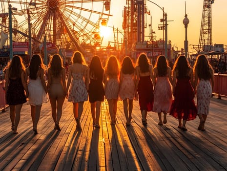A group of young women walks together on a wooden boardwalk at sunset, casting long shadows. Behind them, an amusement park with a Ferris wheel and rides creates a vibrant, nostalgic scene.