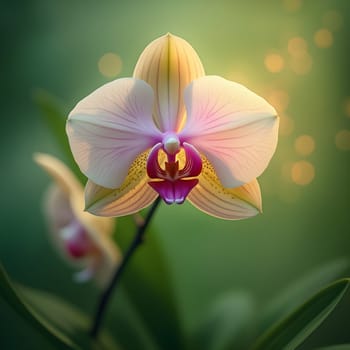 An orchid stands in gentle focus, bathed in soft light, surrounded by a calming, glowing green background.