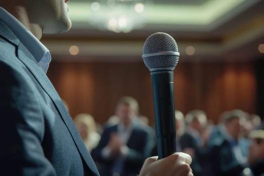 A professional speaker stands confidently with a microphone, ready to engage an attentive audience during a business conference.