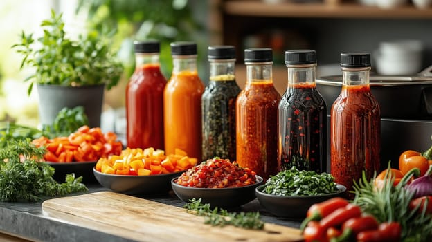 Vibrant glass bottles of artisanal sauces surrounded by fresh Italian vegetables and herbs on a kitchen countertop. Concept of Italian artisanal fermentations