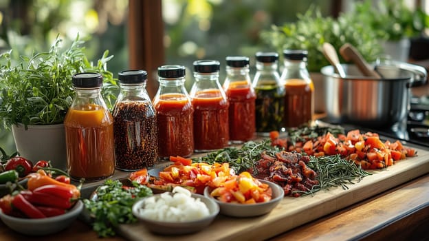 A culinary display of artisanal Italian fermented sauces, fresh herbs, and diced vegetables on a rustic kitchen table. Concept of Rustic Italian cooking.