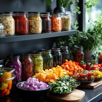 Neatly organized jars of artisanal sauces and diced Italian vegetables on a wooden kitchen counter for meal preparation. Concept of Italian kitchen prep.