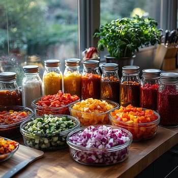 Neatly organized jars of artisanal sauces and diced Italian vegetables on a wooden kitchen counter for meal preparation. Concept of Italian kitchen prep.
