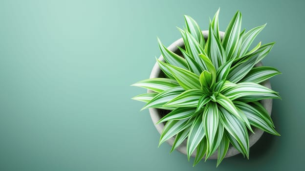 A close-up top-down image of a green-leafed plant placed in a stylish pot, set against a soft pastel background.
