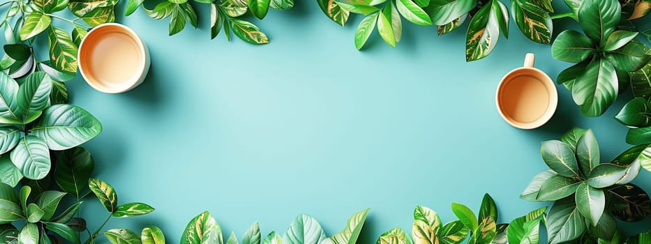 A creative arrangement of green leaves framing two cups on a blue pastel background, ideal for backgrounds or banners.
