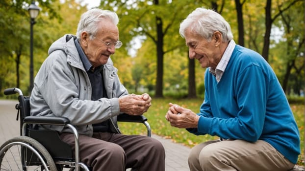 Caregiver and old man in a wheelchair. One old friend visits his old friend as rehabilitation patient and walking outdoor in the park at sunset. Assistance, rehabilitation and health care. High quality