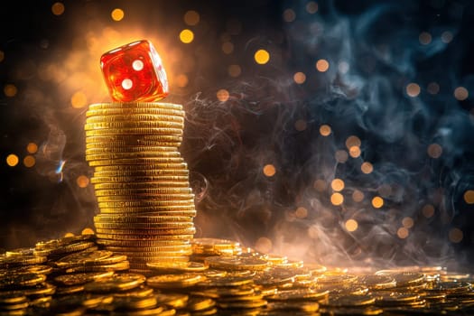 A vibrant image of a red dice perched on a stack of golden coins surrounded by blurred lights and smoke. Ideal for themes of gambling and fortune.