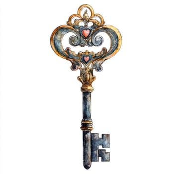 A vintage ornate key with intricate designs and heart motif, perfect for adding charm to any decor