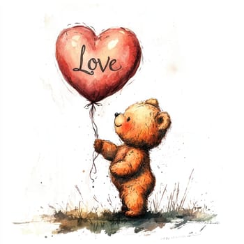 A cute teddy bear holding heart shaped balloon with word Love written on it, evoking feelings of warmth and affection